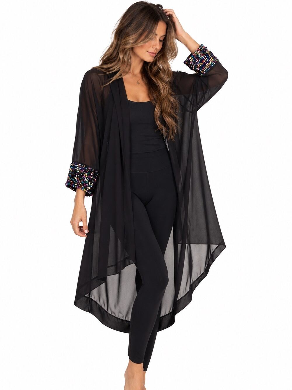 Vintage Sheer Hooded Kimono Rainbow Sequin Cuff Black Flowy Festival Duster S-L